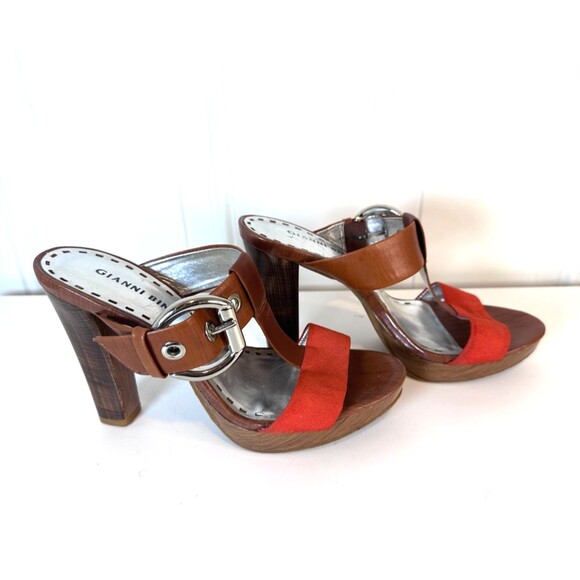 Gianni Bini T-Strap Leather Mules Heels Orange & Brown US 8M - Picture 1 of 10